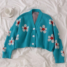 Load image into Gallery viewer, 2020 Spring College Style Flower Print Knitted Doat Loose Retro V-neck Cute Light Green Sweater Cardigan Blouse Short Section