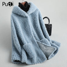 Load image into Gallery viewer, PUDI women winter real wool fur coat jacket female girl sheep shearing hooded coats lady fur parka jacket overcoats A59428