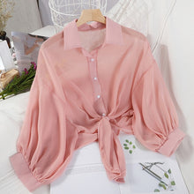 Load image into Gallery viewer, Chiffon Shirt Women Summer Buttoned Up Korean Batwing Sleeve Tied Waist Shirts Womens 2020 Ladies Casual Elegant Sunscreen Tops