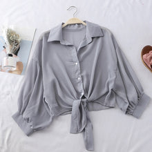 Load image into Gallery viewer, Chiffon Shirt Women Summer Buttoned Up Korean Batwing Sleeve Tied Waist Shirts Womens 2020 Ladies Casual Elegant Sunscreen Tops
