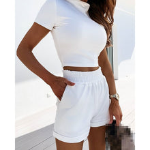 Load image into Gallery viewer, Women Summer Sexy Two Pieces Set Solid Short Sleeve Crop Tops And Elastic Waist Shorts Ladies Casual Slim Tracksuit SJ5993M
