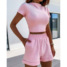 Load image into Gallery viewer, Women Summer Sexy Two Pieces Set Solid Short Sleeve Crop Tops And Elastic Waist Shorts Ladies Casual Slim Tracksuit SJ5993M
