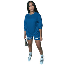 Load image into Gallery viewer, 2020 nouveau été lettre imprimer décontracté femmes deux pièces tenues ensemble survêtement chemise haut Sexy + Biker Shorts survêtement 2 pièces actif
