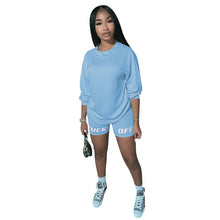 Load image into Gallery viewer, 2020 nouveau été lettre imprimer décontracté femmes deux pièces tenues ensemble survêtement chemise haut Sexy + Biker Shorts survêtement 2 pièces actif
